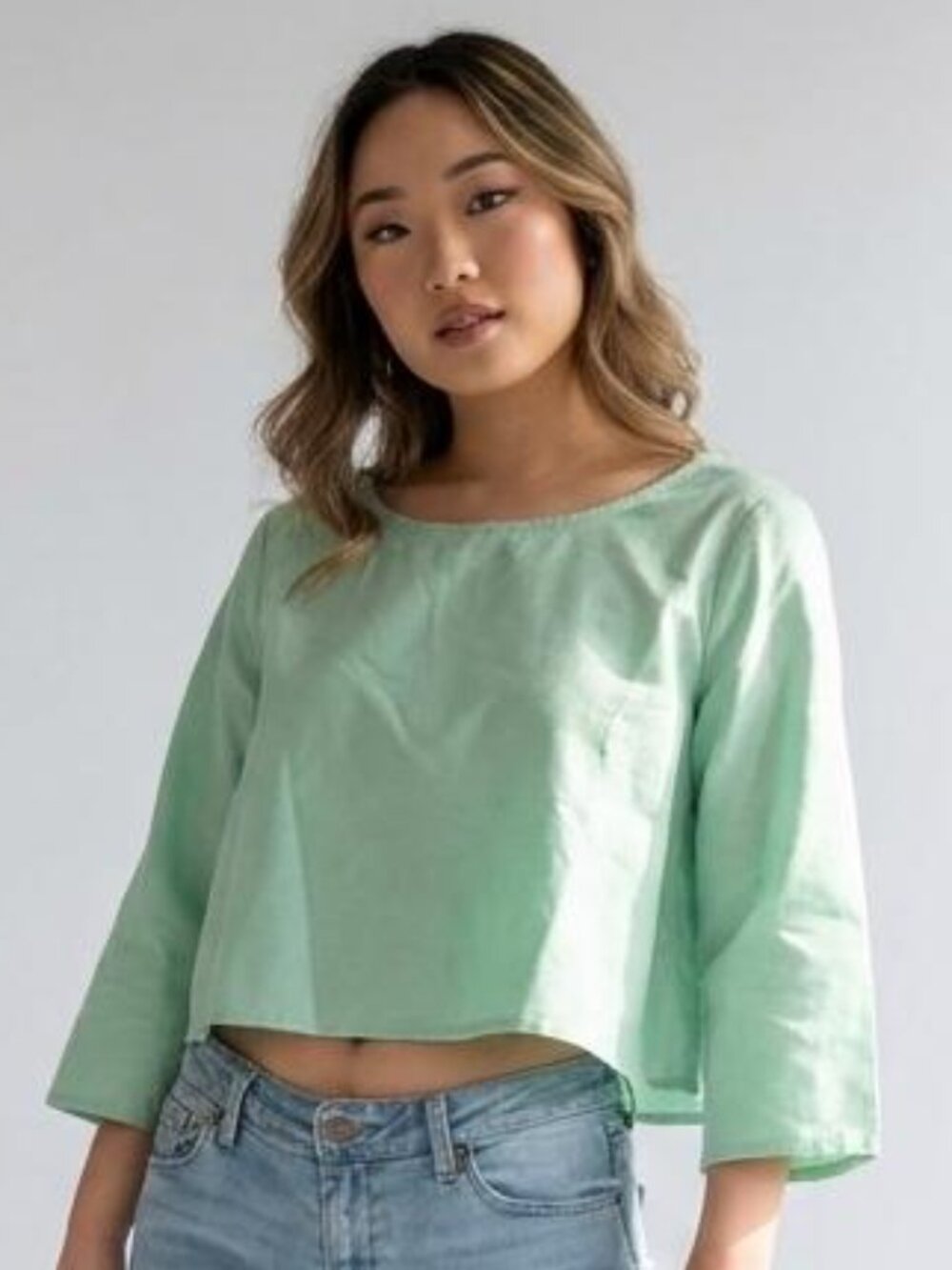 American Apparel Mint Green Button-Back Cropped Swing Top